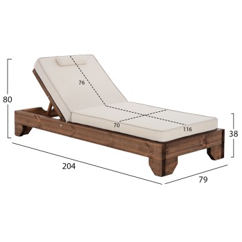 BEACH LOUNGER KORINOS FK10773.60T PINE WOOD IN WALNUT--CUSHION IN CREAM 79x204x80Hcm.