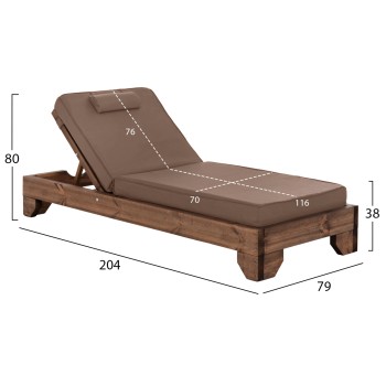 BEACH LOUNGER KORINOS FK10773.04T PINE WOOD IN WALNUT--CUSHION IN MOCHA 79x204x80Hcm.