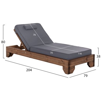 BEACH LOUNGER KORINOS FK10773.30T PINE WOOD IN WALNUT--CUSHION IN GREY 79x204x80Hcm.