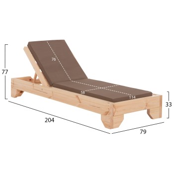 BEACH LOUNGER WITH CUSHION KORINOS FK10775.04T PINE WOOD--TEXTILENE COVER IN MOCHA 79x204x77Hcm.