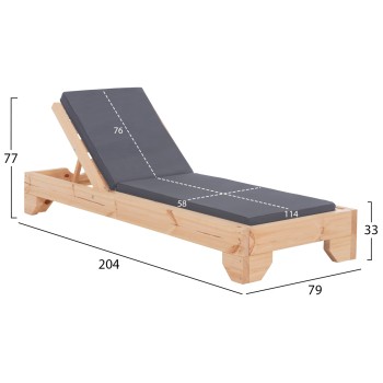 BEACH LOUNGER WITH CUSHION KORINOS FK10775.30T PINE WOOD--TEXTILENE COVER GREY 79x204x77Hcm.