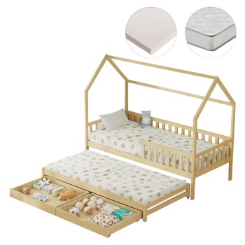 KIDS' BED WITH MATTRESSES & DRAWERS PHYLLIS FK21323.01 PINE WOOD IN NATURAL 206x97x166Hcm.