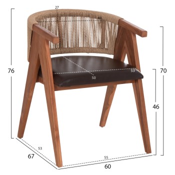 DINING CHAIR BRANN FK18238.11 TEAK WOOD-ROPE-BROWN PU 60x67x76Hcm. DINING CHAIR BRANN FK18238.11 TEAK WOOD-ROPE-BROWN PU 60x67x76Hcm.