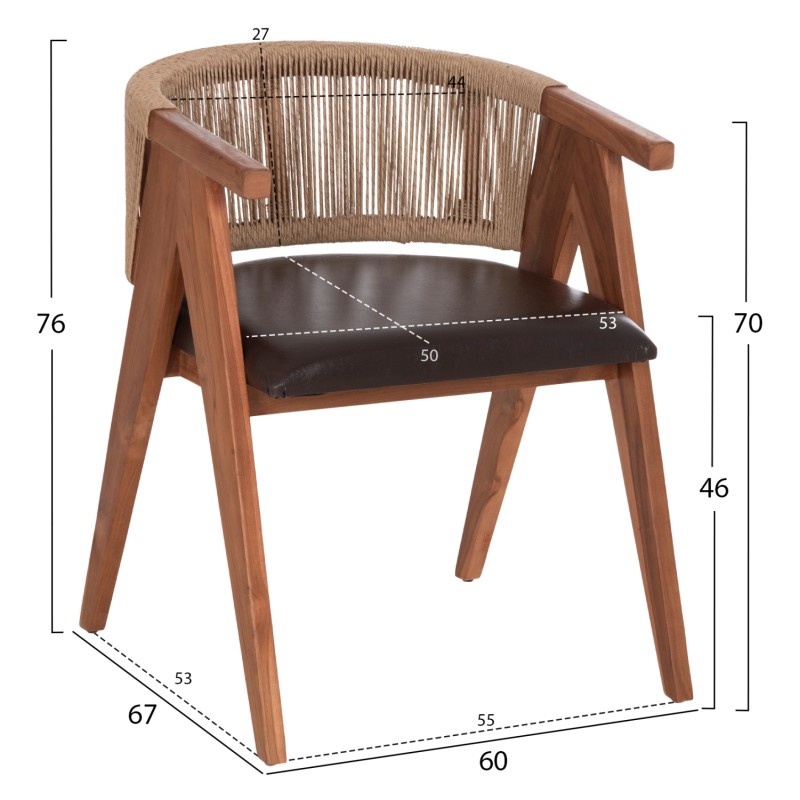 DINING CHAIR BRANN FK18238.11 TEAK WOOD-ROPE-BROWN PU 60x67x76Hcm. DINING CHAIR BRANN FK18238.11 TEAK WOOD-ROPE-BROWN PU 60x67x76Hcm.