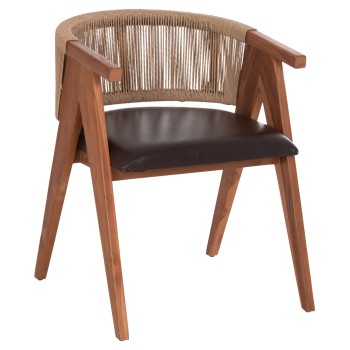 DINING CHAIR BRANN FK18238.11 TEAK WOOD-ROPE-BROWN PU 60x67x76Hcm.