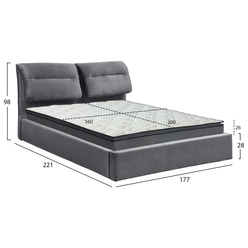 DOUBLE BED WITH MATTRESS KENDRA FK10720.01 GREY VELVET WITH STORAGE SPACE--FOR 160x200cm