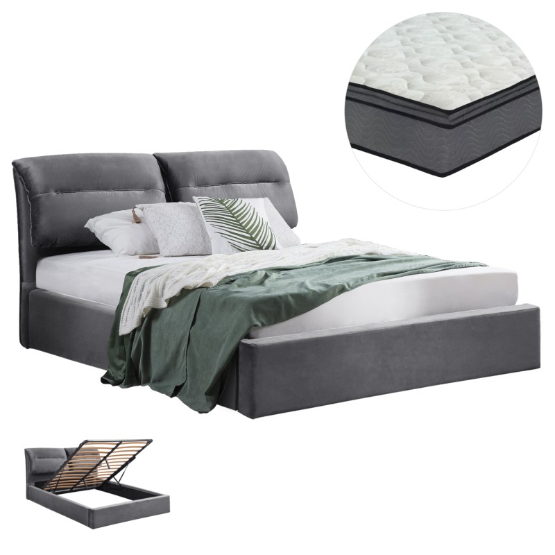 DOUBLE BED WITH MATTRESS KENDRA FK10720.01 GREY VELVET WITH STORAGE SPACE--FOR 160x200cm