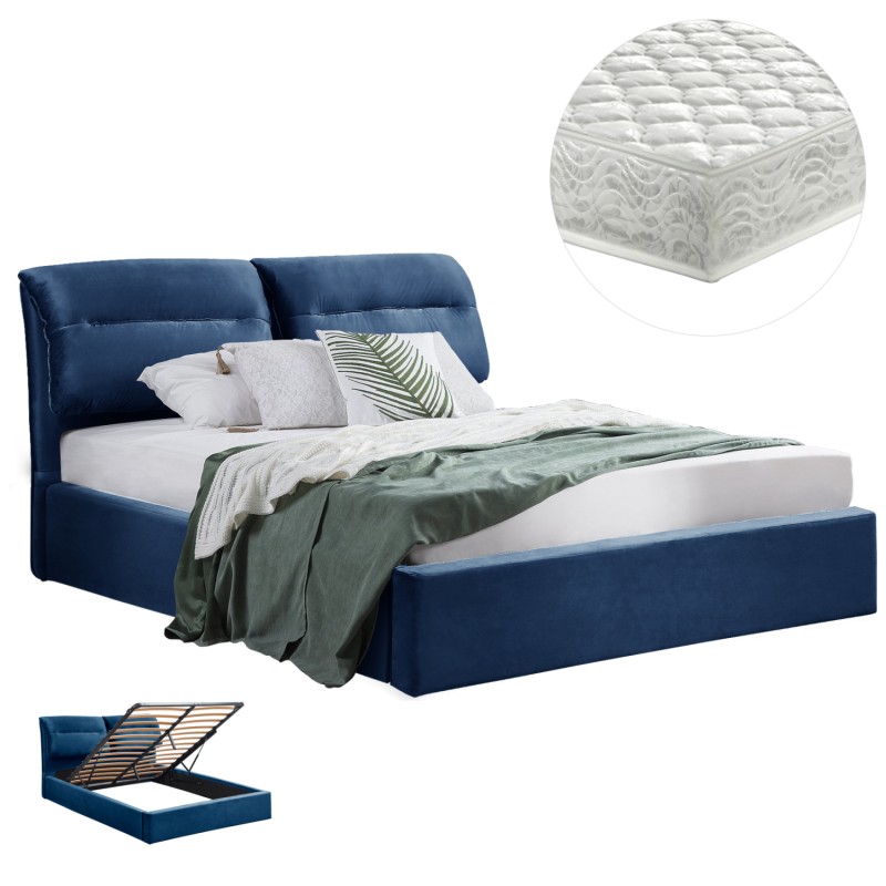 DOUBLE BED & MATTRESS KENDRA FK10831.18 BLUE VELVET WITH STORAGE SPACE--FOR 160x200cm