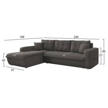 CORNER SOFABED LEFT KANSO FK3338.01L GREY FABRIC 244x188x80Hcm.
