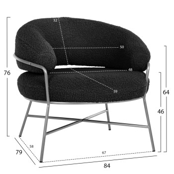ARMCHAIR TRUDI FK8639.34 BLACK BOUCLE FABRIC AND SILVER METAL FRAME 84x79x76Hcm. ARMCHAIR TRUDI FK8639.34 BLACK BOUCLE FABRIC AND SILVER METAL FRAME 84x79x76Hcm.