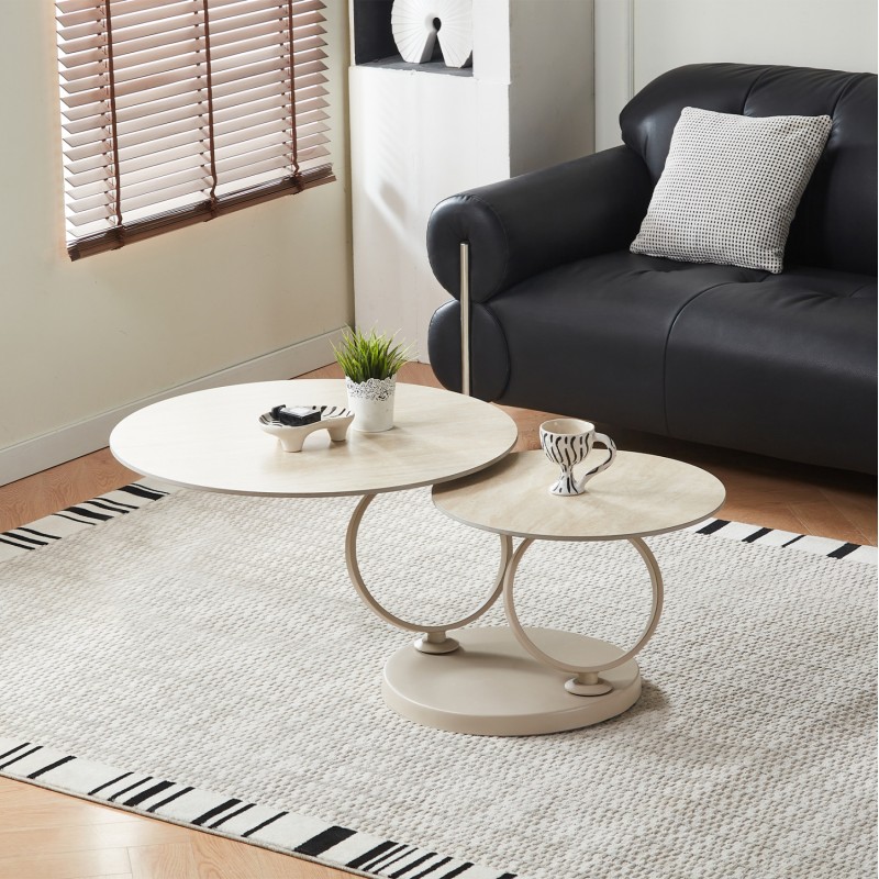 COFFEE TABLE DOUBLE NUBISA FK18364.02 METAL IN BEIGE--SINTERED STONE IN TRAVERTINE COLOR Φ80Χ43.5Hcm. COFFEE TABLE DOUBLE NUBISA FK18364.02 METAL IN BEIGE--SINTERED STONE IN TRAVERTINE COLOR Φ80Χ43.5Hcm.