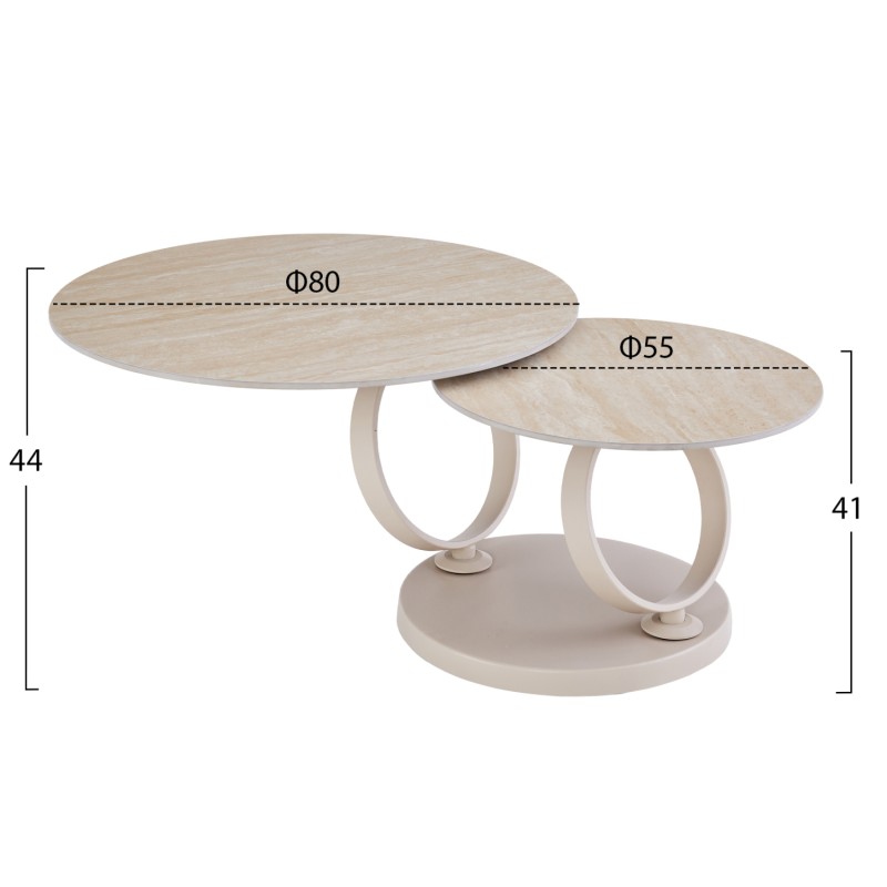 COFFEE TABLE DOUBLE NUBISA FK18364.02 METAL IN BEIGE--SINTERED STONE IN TRAVERTINE COLOR Φ80Χ43.5Hcm. COFFEE TABLE DOUBLE NUBISA FK18364.02 METAL IN BEIGE--SINTERED STONE IN TRAVERTINE COLOR Φ80Χ43.5Hcm.