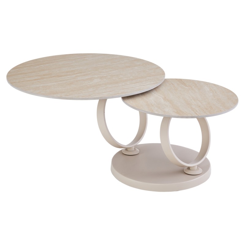 COFFEE TABLE DOUBLE NUBISA FK18364.02 METAL IN BEIGE--SINTERED STONE IN TRAVERTINE COLOR Φ80Χ43.5Hcm. COFFEE TABLE DOUBLE NUBISA FK18364.02 METAL IN BEIGE--SINTERED STONE IN TRAVERTINE COLOR Φ80Χ43.5Hcm.
