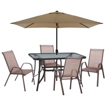 OUTDOOR DINING SET 6PCS BRAVO FK11543.02 DINING TABLE-UMBRELLA-4 ARMCHAIRS--BROWN COLOR