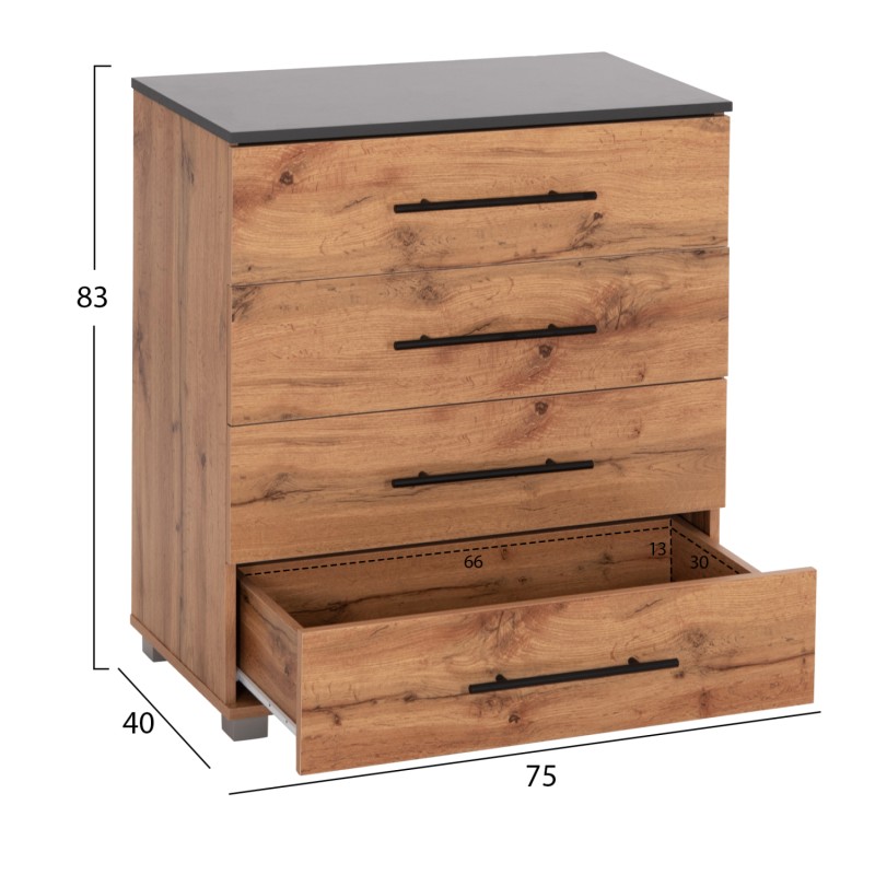 CHEST OF (4) DRAWERS CARYS FK745.12 MELAMINE IN NATURAL/GREY 75x40x83Hcm. CHEST OF (4) DRAWERS CARYS FK745.12 MELAMINE IN NATURAL/GREY 75x40x83Hcm.