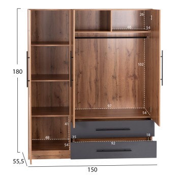 WARDROBE 3-LEAF WITH 2 DRAWERS CARYS FK746.12 MELAMINE IN NATURAL/GREY 150x55.5x160Hcm WARDROBE 3-LEAF WITH 2 DRAWERS CARYS FK746.12 MELAMINE IN NATURAL/GREY 150x55.5x160Hcm