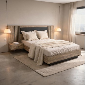 DOUBLE BED WITH NIGHTSTANDS HARRY FK750.01 MELAMINE IN NATURAL/BLACK--MATTRESS 160x200cm