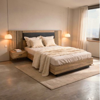 DOUBLE BED WITH NIGHTSTANDS HARRY FK750.01 MELAMINE IN NATURAL/BLACK--MATTRESS 160x200cm