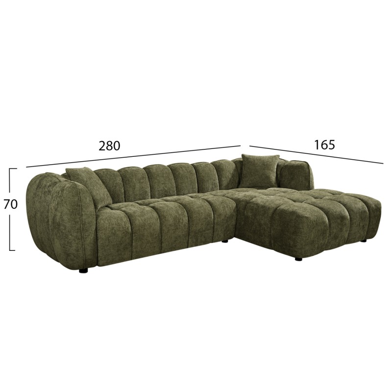 CORNER SOFA (RIGHT) LYKKE FK3326.03R GREEN FABRIC 280x89-165(chaise)x70Hcm. CORNER SOFA (RIGHT) LYKKE FK3326.03R GREEN FABRIC 280x89-165(chaise)x70Hcm.