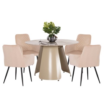 DINING SET 5PCS SEDAR FK10868 ROUND DINING TABLE & 4 DINING CHAIRS- ECRU