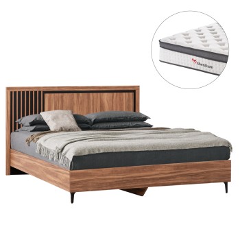 DOUBLE BED WITH MATTRESS HARRY FK10808.01 MELAMINE IN NATURAL WOOD COLOR & BLACK--FOR 160x200cm