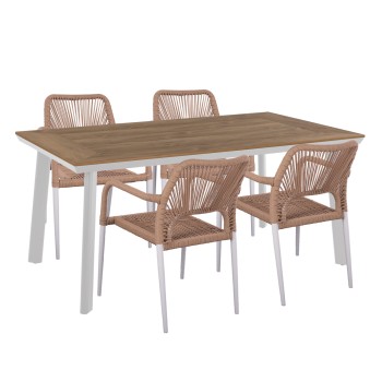OUTDOOR DINING SET 5PCS TABER FK10824.01 ALUMINUM IN WHITE--POLYWOOD--P.E.ROPE IN BEIGE