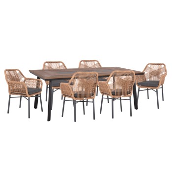 OUTDOOR DINING SET 7PCS TOPIN FK10825.03 ALUMINUM IN DARK GREY--POLYWOOD--P.E.RATTAN