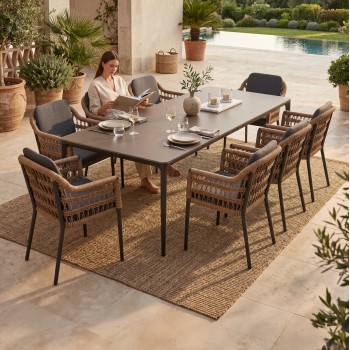 OUTDOOR DINING SET 9PCS STAD FK10865.01 GREY ALUMINUM-SINTERED STONE TOP-OLEFIN FABRIC