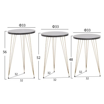 SET OF 3 ROUND SIDE TABLES NISSA FK18173.12 MELAMINE IN BLACK MARBLE--GOLD METAL LEGS SET OF 3 ROUND SIDE TABLES NISSA FK18173.12 MELAMINE IN BLACK MARBLE--GOLD METAL LEGS