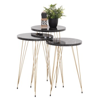 SET OF 3 ROUND SIDE TABLES NISSA FK18173.12 MELAMINE IN BLACK MARBLE--GOLD METAL LEGS