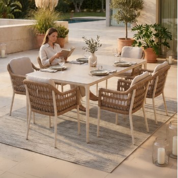OUTDOOR DINING SET 7PCS STAD FK10863.02 BEIGE ALUM. & OLEFIN-WHITE SINTERED STONE TOP