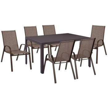 OUTDOOR DINING SET 7PCS LEON FK10856.02 TABLE & 6 CHAIRS--METAL & TEXTILENE IN BROWN