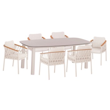 OUTDOOR DINING SET 7PCS DOSUN FK10910.02 CREAM WHITE ALUMINUM--ROPE & OLEFIN CUSHIONS IN BEIGE