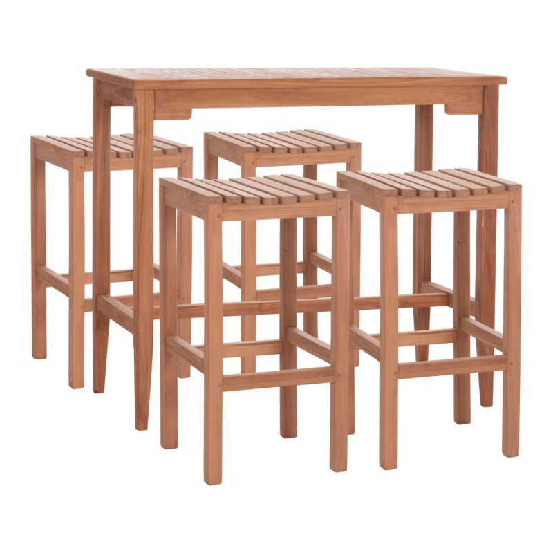 SET BAR TABLE WITH 4 BAR STOOLS NIKOL FK10916 TEAK WOOD IN NATURAL COLOR SET BAR TABLE WITH 4 BAR STOOLS NIKOL FK10916 TEAK WOOD IN NATURAL COLOR