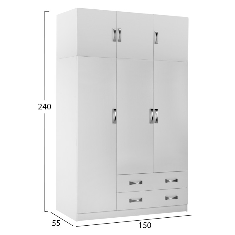 WARDROBE 3-LEAF WITH LOFT CARLY FK10891.05 MELAMINE IN WHITE 150x55x240Hcm