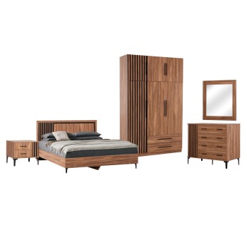 BEDROOM FURNITURE SET 6PCS HARRY FK10912.01 MELAMINE IN NATURAL WOOD & BLACK--FOR MATTRESS 160X200cm