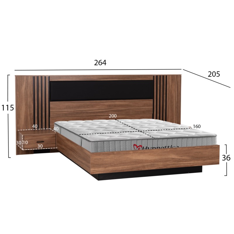 DOUBLE BED WITH MATTRESS HARRY FK10914.01 MELAMINE IN NATURAL WOOD COLOR & BLACK--FOR 160x200cm