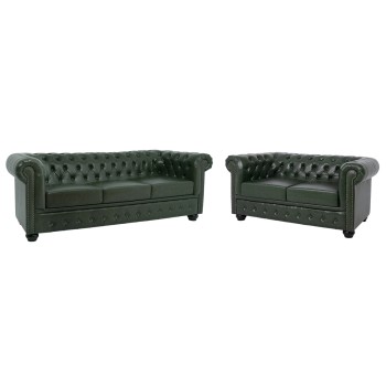 SET 2-SEATER & 3-SEATER SOFAS MOBAR FK10911.08 PU LEATHER T.CHESTERFIELD--CYPRESS GREEN