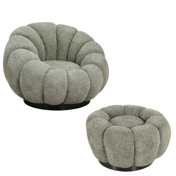SET SWIVELLING ARMCHAIR WITH ROUND STOOL GRYMM FK10928.05 PISTACHIO GREEN BOUCLE FABRIC