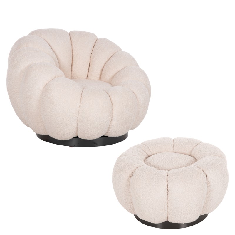 SET SWIVELLING ARMCHAIR WITH ROUND STOOL GRYMM FK10928.06 ECRU BOUCLE FABRIC SET SWIVELLING ARMCHAIR WITH ROUND STOOL GRYMM FK10928.06 ECRU BOUCLE FABRIC