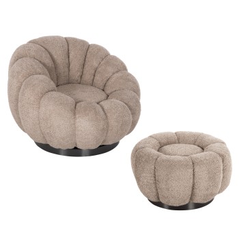 SET SWIVELLING ARMCHAIR WITH ROUND STOOL GRYMM FK10928.08 BROWNISH BEIGE BOUCLE FABRIC