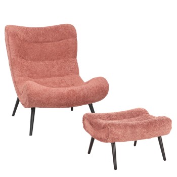 LOUNGE ARMCHAIR WITH FOOTREST BRYM FK10929.02 PINK BOUCLE FABRIC-BLACK LEGS 97x80x100Hcm.