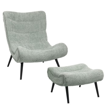 LOUNGE ARMCHAIR WITH FOOTREST BRYM FK10929.05 PISTACHIO GREEN BOUCLE FABRIC-BLACK LEGS 97x80x100Hcm.