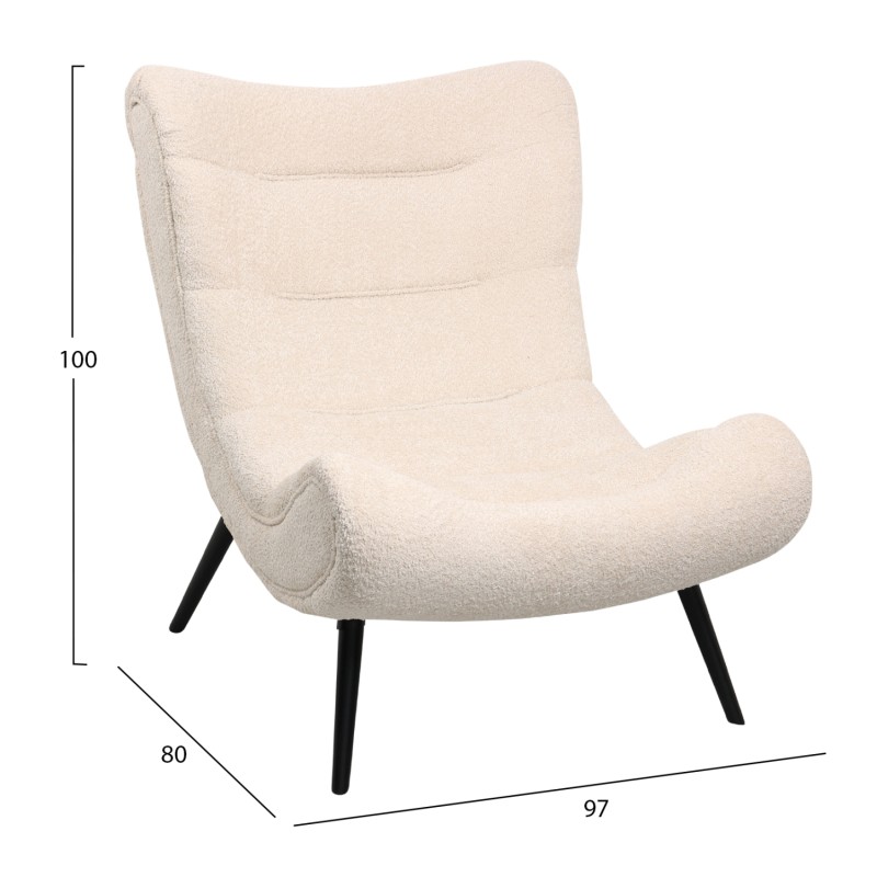 LOUNGE ARMCHAIR WITH FOOTREST BRYM FK10929.06 ECRU BOUCLE FABRIC-BLACK LEGS 97x80x100Hcm.
