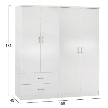 4-LEAF WARDROBE WITH 2 DRAWERS JENNA FK11351.05 MELAMINE IN WHITE 160x43x181Hcm. 4-LEAF WARDROBE WITH 2 DRAWERS JENNA FK11351.05 MELAMINE IN WHITE 160x43x181Hcm.
