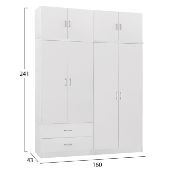 WARDROBE 4-LEAF WITH LOFT & DRAWERS JENNA FK11355.05 MELAMINE IN WHITE 160x43x240Hcm WARDROBE 4-LEAF WITH LOFT & DRAWERS JENNA FK11355.05 MELAMINE IN WHITE 160x43x240Hcm