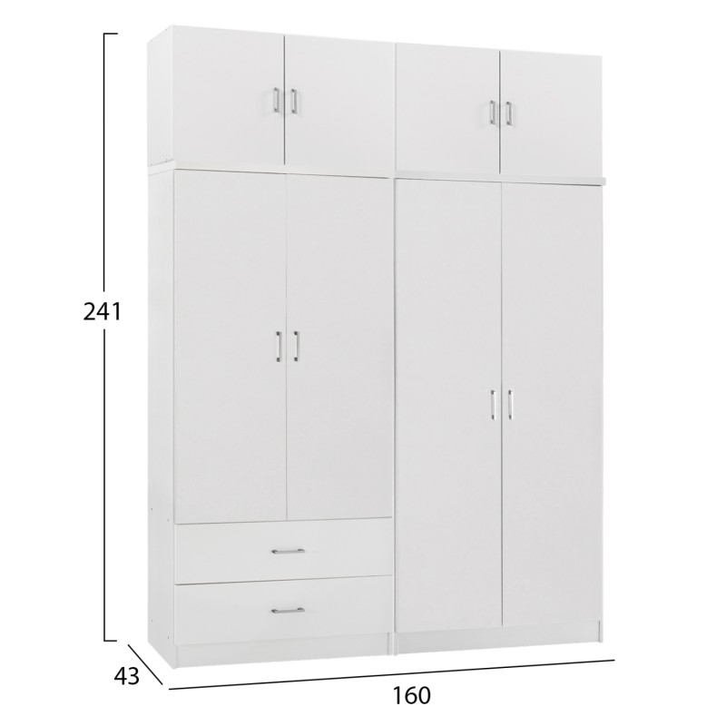 WARDROBE 4-LEAF WITH LOFT & DRAWERS JENNA FK11355.05 MELAMINE IN WHITE 160x43x240Hcm