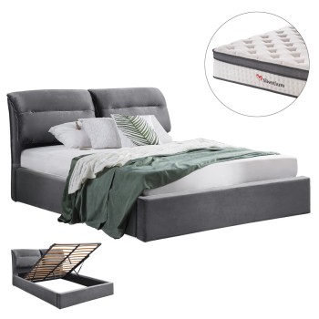 BED WITH MATTRESS & STORAGE SPACE KENDRA FK10809.01 GREY VELVET--FOR MATTRESS 160x200cm.