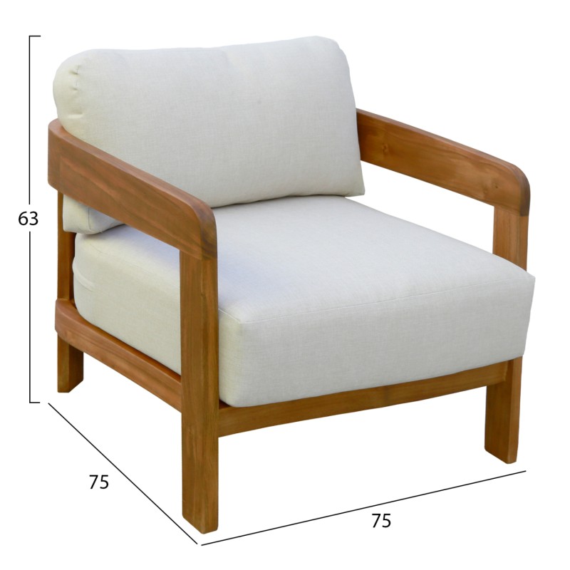 OUTDOOR LOUNGE CHAIR SOLARA FK6513 ACACIA WOOD IN NATURAL--CUSHIONS IN ECRU 75x70x75Hcm. OUTDOOR LOUNGE CHAIR SOLARA FK6513 ACACIA WOOD IN NATURAL--CUSHIONS IN ECRU 75x70x75Hcm.