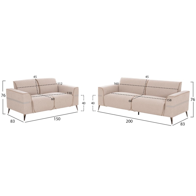 SOFA SET 2PCS FERIN FK6070.12 ECRU FABRIC WITH METAL LEGS SOFA SET 2PCS FERIN FK6070.12 ECRU FABRIC WITH METAL LEGS